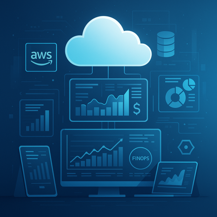 Technical cloud architecture diagram showing AWS EC2, S3, Lambda, Cost Explorer, Compute Optimizer, Graviton migration workflow, lifecycle policies, FinOps governance, clean modern blueprint style.